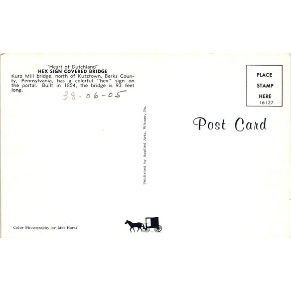 Hex Sign Kutz Mill Covered Bridge Postcard Heart Of Dutchland Pennsylvania Vtg - Picture 2 of 2